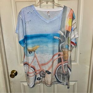 SUBLIVIE Women’s Short Sleeve Bicycle Beach Ocean Top. Sz 2X.